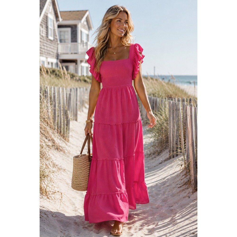Beyond Words L Hot Pink Ruffle Tiered Maxi Dress Square Neck Tie Back Boho Beach